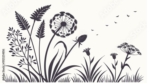 Dandelion Seed Head Blowing in Wind Silhouette for Spring Summer Nature Design Element Vector Illustration