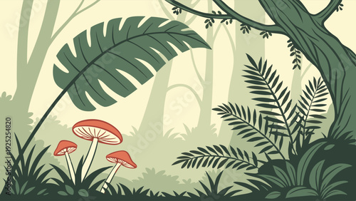 Lush Tropical Jungle Background with Giant Leaves Ferns and Red Mushrooms for Nature Website Design or Fantasy Game UI