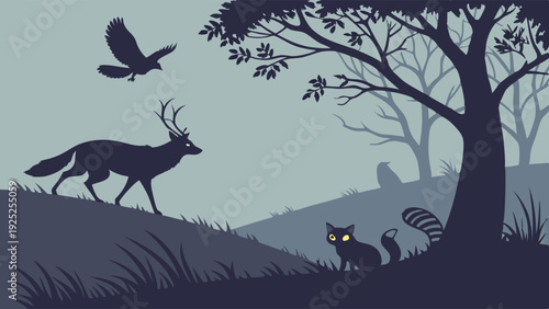 Mysterious Forest Silhouette of Deer Fox Raccoon and Crow Under Dark Twilight Sky for Eerie Wildlife Design