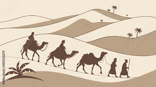 Caravan of Travelers Crossing Desert Sand Dunes on Camels for Travel Adventure or Historic Journey Illustration