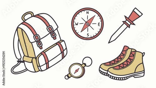 Outdoor Adventure Gear Collection Backpack Boots Compass Knife for Hiking Travel Web Design Illustration