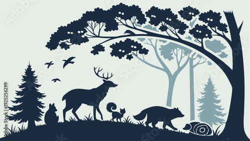 Forest Wildlife Silhouette Scene for Nature Education Ecology Design Calm Woodland Animals Deer Trees Background