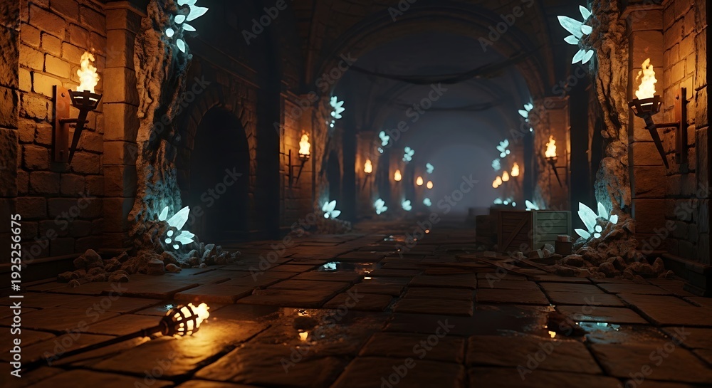 Obraz premium Mysterious Dungeon Passage Illuminated by Torches and Glowing Crystals.