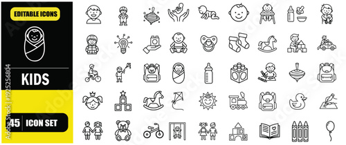 Kids and Childhood Outline Icon Set, Children Activities, Toys, Education, Parenting, Kindergarten, Playtime, Family Care, Linear Editable Stroke Vector Illustration