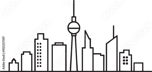 Modern city skyline silhouette with tall buildings and tower against gray checkered background
