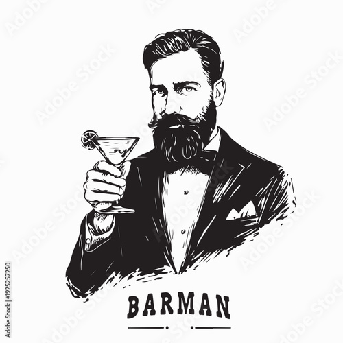 Male Barman with Beard Mustache Drinking Cocktail Vector Illustration