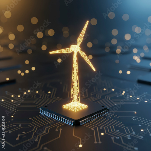 Futuristic wireframe wind turbine glowing on a circuit board symbolizing renewable energy and high-tech environmental solutions.