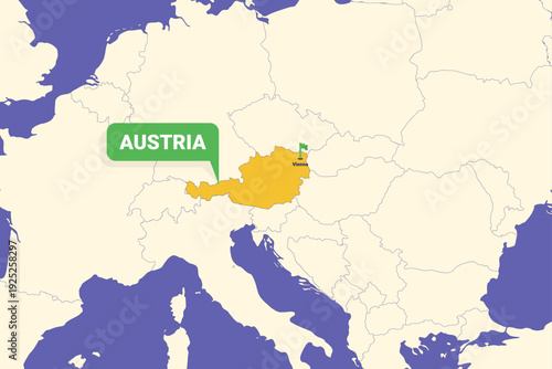 Austria highlighted on Europe map with Vienna capital marked