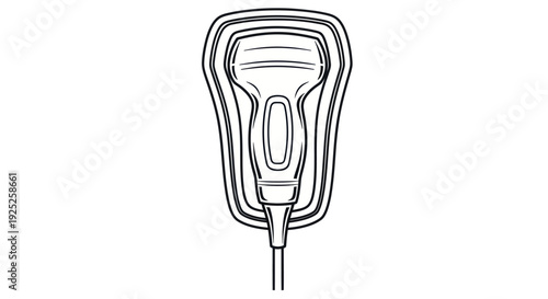 Black and white line art illustration of an ultrasound transducer probe.