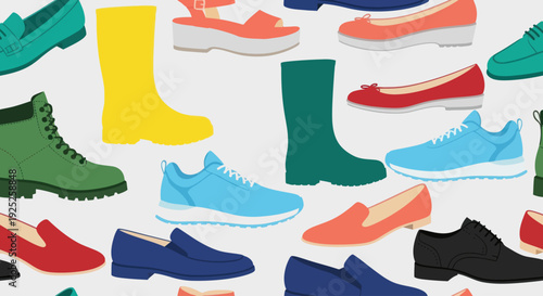 Diverse collection of colorful shoes and footwear displayed in a pattern.