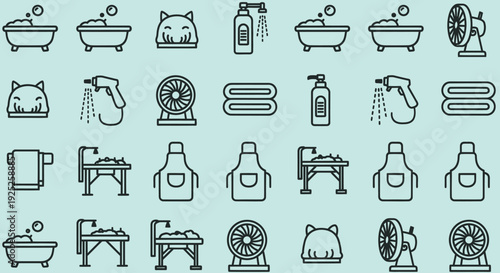 Pet grooming icons with bath, fan, towels, and cleaning spray.