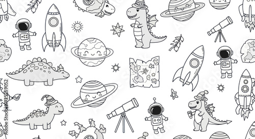 Cute astronauts, dinosaurs and rockets in space seamless pattern.