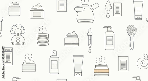 Seamless pattern of natural skincare product icons for beauty and wellness.