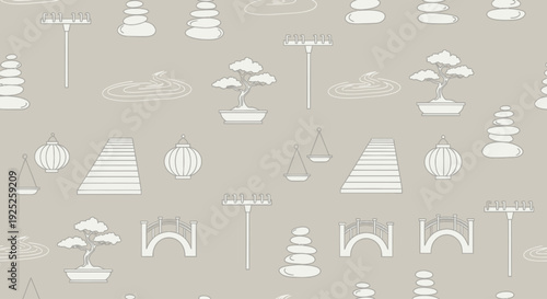 Seamless vector pattern with Zen garden and Japanese culture elements.