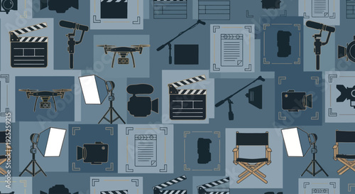 Seamless pattern of film production equipment and cinematography tools on a dark blue background.