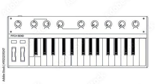 Minimalist line art illustration of a synthesizer keyboard.