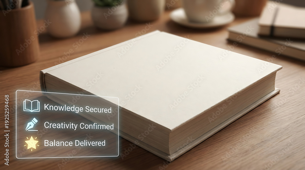 Fototapeta premium Mockup of a blank white book on a wooden desk with office supplies and potted plants in the background conveying knowledge and creativity
