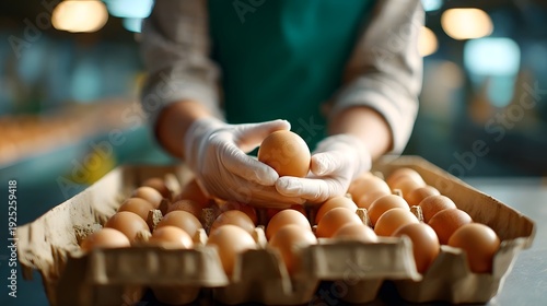 Close up of a worker wearing gloves holding a single brown egg with many more eggs in a carton representing control in food production and agriculture