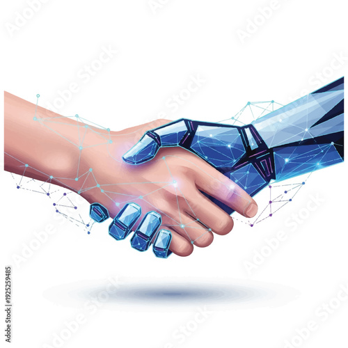 A digital illustration of a human hand shaking a robotic hand with a blue metallic finish, surrounded by a network of lines and dots on a white background. Perfect for technology,
