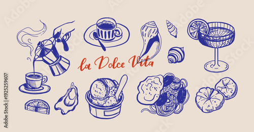 Set of hand drawn vintage posters in dolce vita style. Vector illustration of italian style hand drawn posters. Illustration for invitations, menus design. Breakfast, lunch, dinner concept.