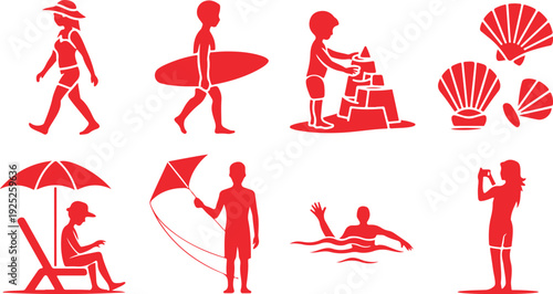 Red beach icons set with people silhouettes
