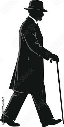 An elderly man with a cane walks forward a striking silhouette