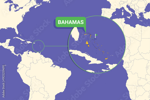 Bahamas highlighted on Atlantic map with Nassau capital marked