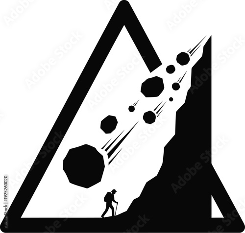 Mountain warning sign depicting a rockfall with a hiker silhouette