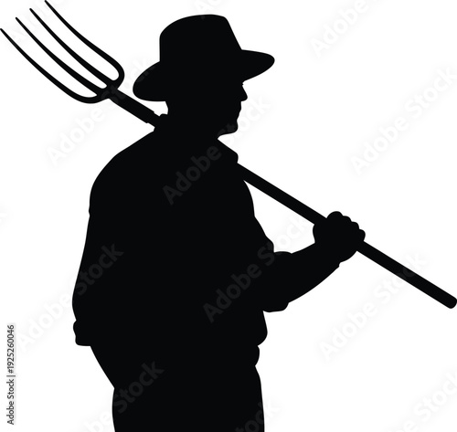 Farmer with pitchfork against white background a striking black silhouette