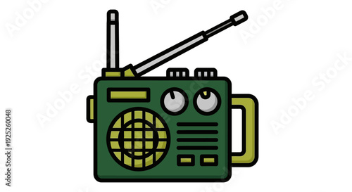 Vintage green retro radio with antenna and handle.