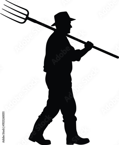 Farmer carrying a pitchfork walking forward a bold black silhouette