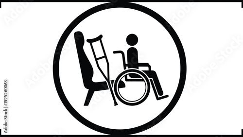 Minimalist airplane seat icon within a circle stark black and white silhouette