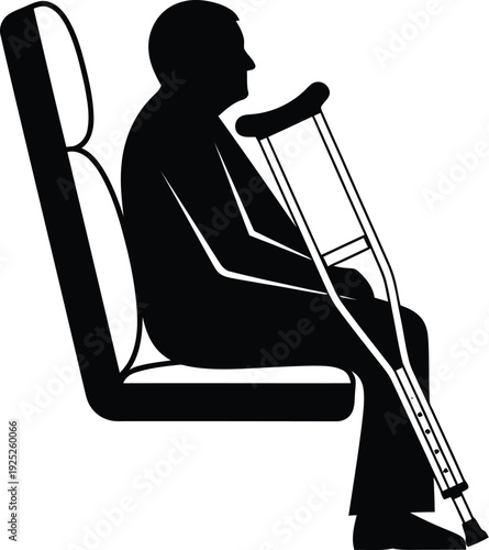 Injured man seated with crutches a stark black visual silhouette
