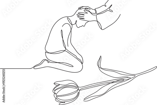 Continuous one line drawing of a kneeling person receiving blessing and a tulip flower. Vector minimalist line art of comfort, prayer, and healing.