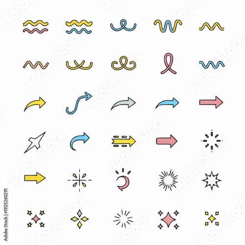 Collection of Colorful Hand-Drawn Arrows and Decorative Elements.
