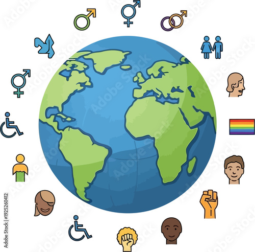 A diverse group of people icons surrounding the Earth with symbols of inclusivity and equality.