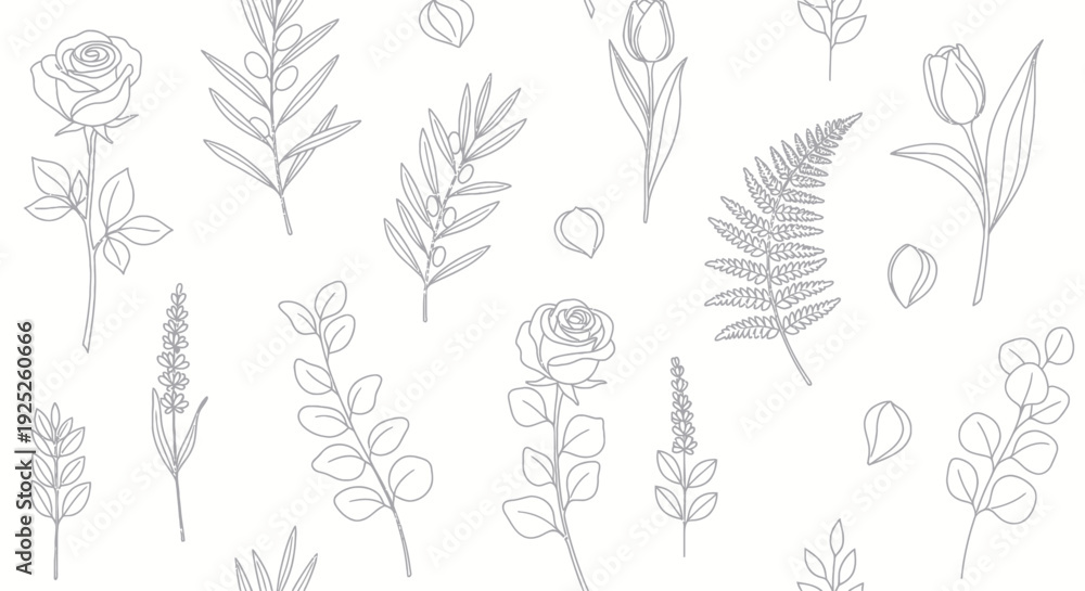 Fototapeta premium Delicate botanical line art pattern with various flowers and leaves.