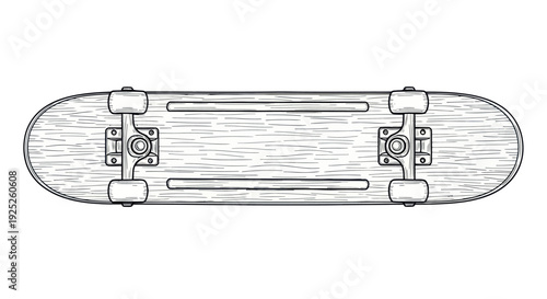 Top view of a hand-drawn wooden skateboard.
