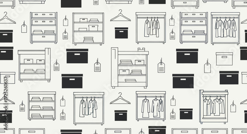 Seamless pattern of clothing storage and organization elements.