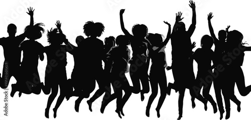 A group of people jumping in the air with their arms raised in joy and celebration