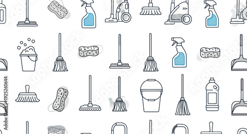 Seamless pattern of cleaning supplies and tools