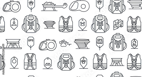 Seamless pattern of outline icons for pet hiking and dog walking accessories.