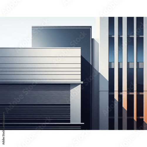 Modern architectural structures with sleek designs and contrasting shadows.