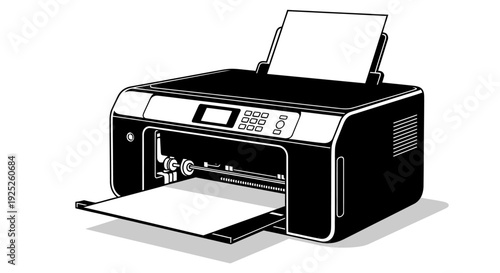 Black and white illustration of a modern printer with paper.
