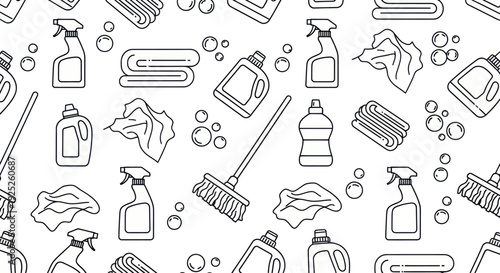 Seamless pattern of cleaning supplies and tools
