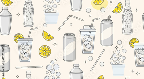 Seamless pattern of refreshing summer drinks with lemons and ice.