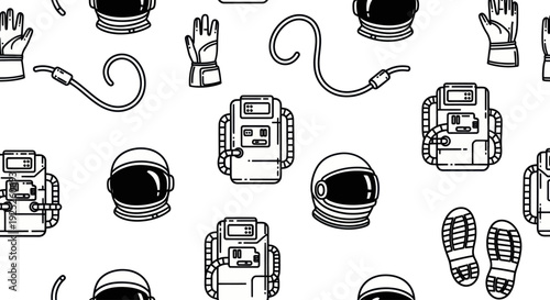 Seamless pattern of astronaut equipment for space exploration.