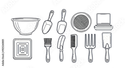 Collection of small garden tools and planting equipment.