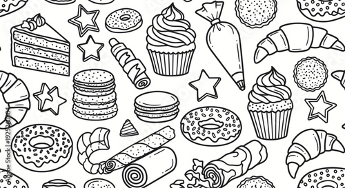 Seamless pattern with various hand-drawn baked goods and pastries