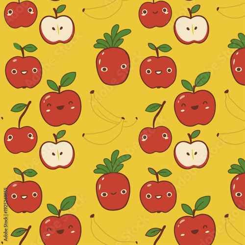 Cute fruit pattern with yellow background. Cartoon fruits with happy expressions and playful poses.